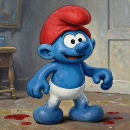 realistic portrait beautiful painting from scene in it movie, when human turned into bloody smurf. horror, created by thomas kinkade and gustave courbet, fine draw, high detailed.