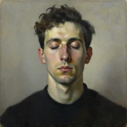 a painting of a man with his eyes closed, an oil on canvas painting by luc tuymans, deviantart, figurativism, studio portrait, oil on canvas, chiaroscuro