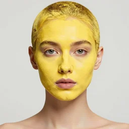 fashion model with head and face covered in yellow paint, realistic, symmetrical, studio lighting, ultra detail, photograph