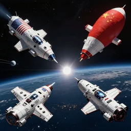 space war between china and usa, space ships with usa flag, space ships with china flag, space, war, great compostion, lighting chiaroscuro, art by sebastien hue, insanely highly detailed artwork, trending on artstation