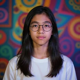 colorful and festive captivating teenager boy with straight long black hair, wearing round glasses and a white t - shirt. innocent look. rich vivid colors, ambient lighting, dynamic lighting, 4 k, atmospheric lighting, painted, intricate, highly detailed by charlie bowater
