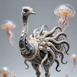 incredibly realistic, too detailed sculpture, biomechanical ostrich medusa, made of lab tissue, carbon fibers, real pearls, jellyfish gelatin, octane render, bump mapping, macro image, global illumination, 8k, bokeh