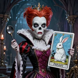 Grumpy Queen of Hearts with White Rabbit, Death Tarot card,highly detailed,half skull face,cinematic,8k,by Stanley Artgermm,Tom Bagshaw,Greg Rutkowski,Carne Griffiths, Ayami Kojima, Beksinski, Giger,trending on DeviantArt,hyper detailed,horror, full of colour