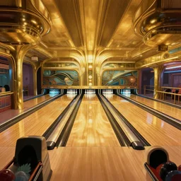 The interior of a beautiful art deco bowling alley, anime, streamline moderne, dieselpunk, shiny brass, cinematic, a sci-fi digital painting by Greg Rutkowski and James Gurney, trending on Artstation, highly detailed