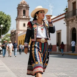 Photo of Tlahuicole dressed in elegeant attire, walking on the streets of Tlaxcala, smoking a cigar. 4k, detailed, realistic, sunny day