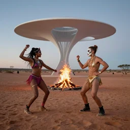 portrait of two ravers in friendly costumes with detailed faces, dancing around a fire, photorealistic, dancefloor kismet, diverse costumes, clean composition, desert transition area, bonfire, night, australian desert, zaha hadid, xf iq 4, symmetry, sony a 7 r, 1 5 0 mp, 5 0 mm