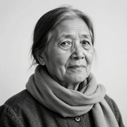 a black and white photo of a old woman with a scarf around her neck by lubna agha, featured on cg society, hurufiyya, shallow depth of field, attribution, ilford hp 5