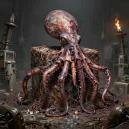 pencils of brutalist medical, flayed elder ruin squid cube colossus, distant surrounding med equipment, abandoned filthy, chemical burns, rusted, macerated, eviscerated by fimbria wires, by v finlay, wayne d barlowe, stefano tamburini, geof darrow, torch light, muted colors, epic, hyper detailed, awe inspiring, award winning