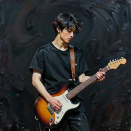 abstract swirly brush strokes painting of a young korean man wearing black t shirt holding a telecaster!!! electric guitar!!, dark swirly background, huge dramatic brush strokes, matte colors, abstract, masterpiece, impressionist, trending on artstation