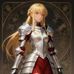 of Asuna Yuuki, young woman with blonde hair and bangs and side braids wearing a partial paladin armor with a red skirt and white top, dark fantasy, medium shot, intricate, elegant, highly detailed, digital painting, volumetric light, artstation, concept art, smooth, sharp focus, illustration, art by Gil Elvgren and Greg Rutkowski and Alphonse Mucha