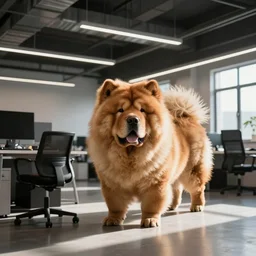 a photo of a giant chow chow working at an open floor plan office