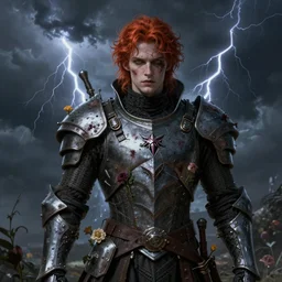 portrait of beautiful gothic young man, thunderstorm, cyber armor, a lot of scars, more and more flowers, red head, the middle ages, highly detailed, artstation, illustration, art by jean delville, 8 k quality, art by greg gandy and dragan bibin