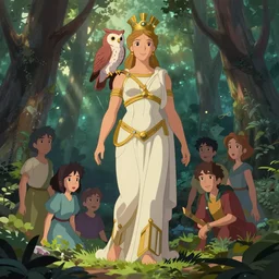 full body shot of the goddess athena with owl on shoulder in the forest, cel shaded vector art, toon shading, behance, hd by lois van baarle, artgerm, helen huang, by makoto shinkai and ilya kuvshinov, rossdraws, studio disney animation still