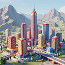 futuristic city on a mountainside, red - yellow - blue buildings, city, cel - shaded, raytracing, cel - shading, toon - shading, 2 0 0 1 anime, flcl, jet set radio future, drawn by artgerm