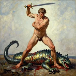 bismuth by max dupain, by adolf hiremy - hirschl playful, fine. a digital art of hercules after he has completed one of his twelve labors, the killing of the hydra. he is standing over the dead hydra, covered in blood clutching a sword that slew the beast. his face is expressionless.