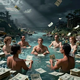 vaporwave glitchy corrupt jpeg of corrupt officials bathing in money