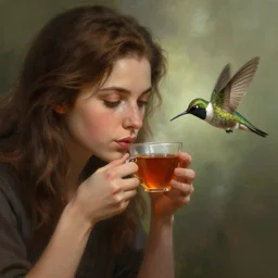 woman with brown hair sipping tea as a humming bird flies by, concept art, fantasy, highly detailed, cinematic lighting, digital painting by greg rutkowski