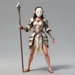 full - body portrait, female changeling in floral - patterned light armor, wielding a decorated halberd, barefoot in sandals, noh theatre mask, capricious, energetic, provocative, realistic proportions, reasonable fantasy, in the style of dnd illustrations, tabletop rpg.