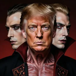donald trump dracula, character portrait, close up, concept art, intricate details, advanced lighting technology, beautiful, realistic faces and anatomy in the style of otto dix and h. r giger