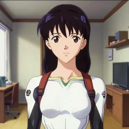 lighting by james gurney. close portrait. apartment bg. screenshot of a scene in neongenesisevangelion of miss katsuragi misato painted by norman rockwell. character designed by hideaki anno. shoulderlength wavy dark purple hair. trendy 1 9 9 0 s attire. ro 3. digital. trending on artstation. masterpiece.