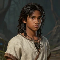 An epic fantasy comic book style portrait painting of a young dark skinned long haired boy in plain peasant clothes with intelligent eyes in the style of the wheel of time, unreal 5, DAZ, hyperrealistic, octane render, cosplay, RPG portrait, dynamic lighting