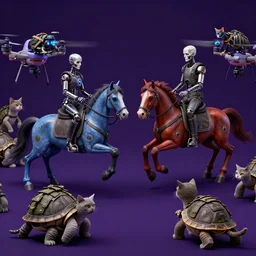 neurotic depiction of a battle between horses riding drones and cybernetic, military cats on turtles, detailed shot, y 2 k aesthetic, dark purple background, bonestell, chesley, 4 k