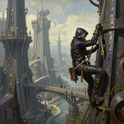 landscape painting of a hooded thief in leathers using a rope to climb a tall metal steampunk buildings within a fantasy city with bridges, fine details, andreas rocha, magali villeneuve, artgerm, rutkowski