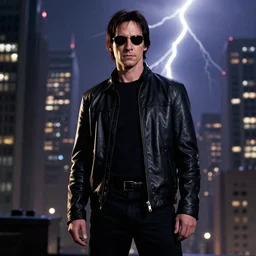 adam driver as neo, matrix, city, lightning in the background