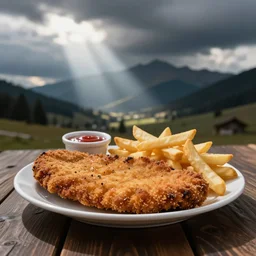 photo of a schnitzel with fries