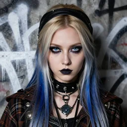 highly detailed closeup portrait of a sewer punk swedish female mage student, tartan garment, blonde hair with headband by atey ghailan, by greg rutkowski, by greg tocchini, by james gilleard, by joe fenton, by kaethe butcher, gradient sapphire, black, brown and white color scheme, grunge aesthetic!!! white graffiti tag wall background