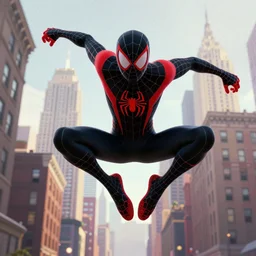 exciting matte painting of a 3 d full body character illustration of miles morales spiderman from into the spiderverse swinging through brooklyn new york with screentones texture, black and red color scheme costume, miles morales!!!, into the spiderverse, spiderverse, 8 k, octane render, in the style of sony pictures animation and studio fortiche