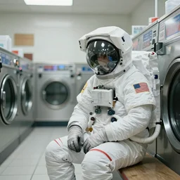 a beautiful photo of an astronaut waiting in a laundromat, soft light, morning light, depth of field, photorealistic, realistic, octane, 8k, cinematic shot