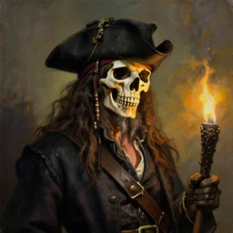 masterpiece portrait painting a skull masked old slim pirate lord with a black hat, long beard, long hair, black coat, wooden in by torchlight, by greg rutkowski and noah bradley, trending on artstation