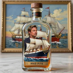 imagine a ship in a bottle but instead of a ship brad pitt is in the bottle, brad pitt, fancy whiskey bottle, masterpiece painting by greg rutkowski