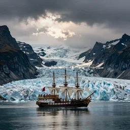 a large pirate ship sailing on a glacial lake, landscape photography by marc adamus, mountains, dramatic lighting, glacial lake clouds, dramatic,