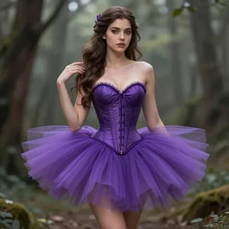 purple corset, puffy tutu, d & d, fantasy, highly detailed, digital painting, trending on artstation, concept art, sharp focus, illustration, brunette fairy woman, art by artgerm and rosstran