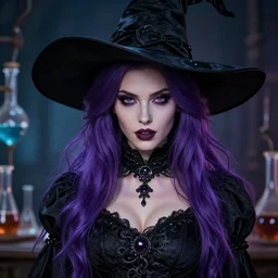 an insanely detailed close up portrait of a beautiful witch, long purple hair, black ornate dress and black witch hat, in the style of peter mohrbacher, artgerm, dramatic lighting and composition, alchemy lab background, octane render, trending on artstation, concept art 8 k