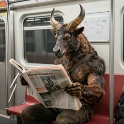 the minotaur, riding on the subway, reading a newspaper