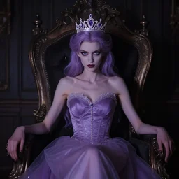 A photo of a skinny evil princess woman with light-purple hair wearing a diamond crown, sitting in a throne in a dark room. Low light
