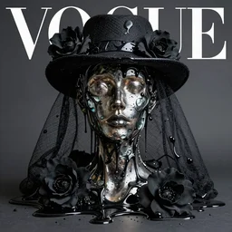 a head made out of metal and glass melting, dark palette, it is wearing a hat and a veil, there are flowers all around it, black paint melting, vogue cover style, greg rutkowski style