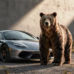 a female bear standing next to a sport car