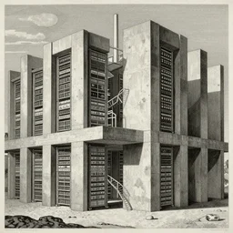 brutalist concrete structures, relativity, lithograph, insanely detailed and intricate, data center, servers, manga, etching by giovanni battista piranesi, m. c. escher, gustave dore, tsutomu nihei, junji ito, kentaro miura, suguru tanaka