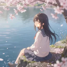Soft blur, digital art, anime, advanced digital art, elf girl sitting at the edge of a cliff overlooking a lake filled with sakura petals, light reflected on her face in the style of Sasucchi95. —W 1024 —H 1024