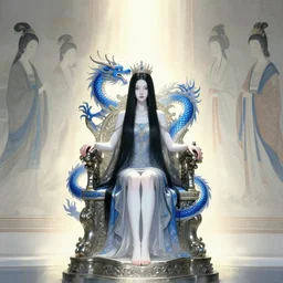 vanishing point of a beautiful black haired woman with pale skin and a crown on her head sitted on an intricate metal throne, azure east dragon, fumo xision ， yoshitoshi, ren jing jeong, feifei ruan, peter mohrbacher,, biomehieronymus spang, arunanondchai, global illumination, radiant light, minimalist ， murals