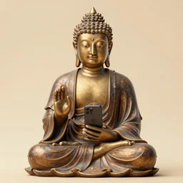 buddha as a cool dude checking his smartphone