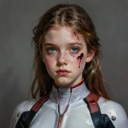 painting, young girl, beautiful face, gorgeous, face visible, blood on face, cinematic lighting, eva suit, sad, wallpaper, extremely detailed, sharp focus, by greg rutkowski and [ [ [ wlop ] ] ], intricate, beautiful, award winning, trending on artstation, pixiv