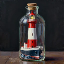 imagine a ship in a bottle but instead of a ship a lighthouse is in the bottle, red and white lighthouse, dramatic lighting, masterpiece painting by greg rutkowski