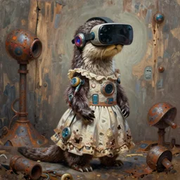 otter in a dress, cybertronic gadgets and vr helmet, durty colours, long shot, rotten textures, rusty shapes, biotechnology, larry elmore, hyperrealistic oil painting on wood, deep depth field, masterpiece, cinematic composition, hyper - detailed, hd,