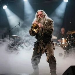 gandalf playing in a funk band, fog machine, spotlights