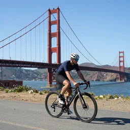riding bike on golden gate. in the style of arcane